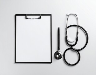 Doctor desk with stethoscope and clipboard – top-down healthcare image