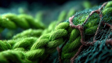 Intertwined green rope and textured net form an evocative abstract composition