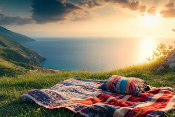 Picnic Blanket on a Hillside Overlooking the Sea
