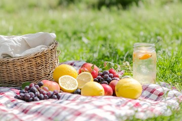 Pastel Picnic Blanket with Fruit and Lemonade on a Grassy Hill