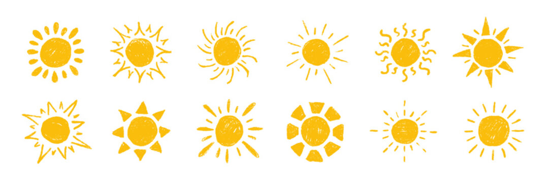 Crayon pencil hand drawn sun set. Chalk twinkle, blink, firework, silhouette and sparkles glowing symbols in sketch style. Vector doodle texture illustration