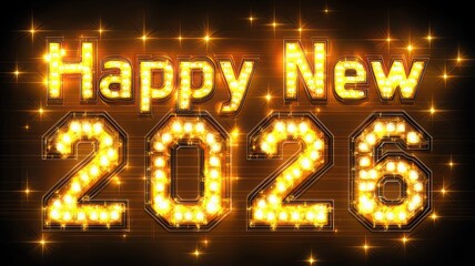 Golden-lit Happy New 2026 text on a black background