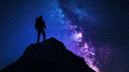  A lone hiker standing on a mountain ridge while marveling at the starry night sky (1)