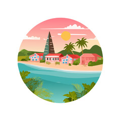 Obraz premium Tropical Beach Village at Sunset Illustration