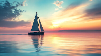  A sailboat gliding on the water during sunrise, surrounded by pastel skies 