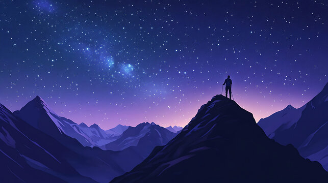  A lone hiker standing on a mountain ridge while marveling at the starry night sky 