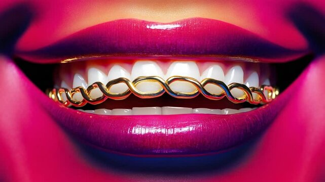 Captivating close-up of bright pink lips displaying fashionable golden grills and shiny teeth