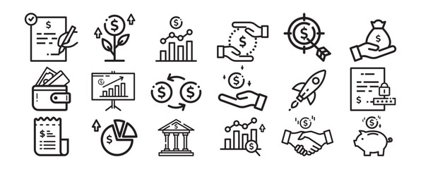 Vector illustration of Finance and Investment Line Icons Depicting Money Growth and Banking Activities.
