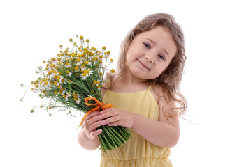 Cute little girl with bouquet of beautiful chamomile flowers on white background