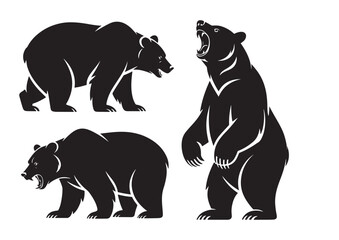 Fototapeta premium Three black bear silhouettes in dynamic poses on white background