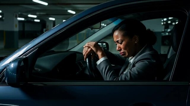 A distraught african american businesswoman cries in her car after a difficult day, leaning on the steering wheel to represent professional burnout, stress, and career challenges