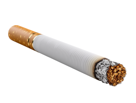  A close-up view of a single cigarette, with its smoldering tip and filter, highlighting the product. isolated on a white background