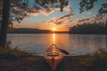 Kayak Resting by the Lake at Golden Hour