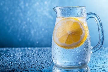 Chilled Lemonade Pitcher with Condensation on Glass Table