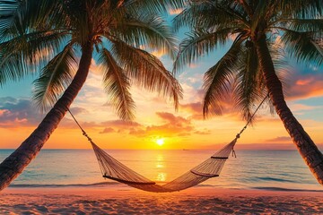 Hammock Swaying Gently Between Two Palm Trees at Sunset
