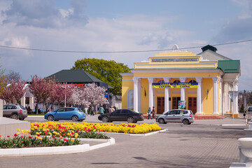 Inscription - Shevchenko Palace of Culture. Glory to Ukraine, glory to heroes! City architecture in...