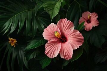 Hibiscus in Bloom Amidst Tropical Foliage Under Soft Light