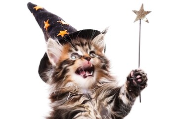 Whimsical Feline Persona: A Maine Coon in Anthropomorphic Attire – Magic Hats, Glasses, Sunglasses, Swimming Goggles & More, in Close-Up on White Background
Get up close with a charmingly anthropomorp