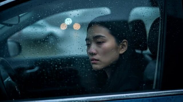 A dejected asian woman sits in her car on a rainy night, her sad face reflected in the wet windshield, embodying loneliness, heartbreak, and moments of quiet contemplation or despair