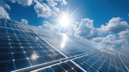 Shining Solar Panels Reflecting Sun and Clouds