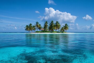 Distant Island with Palm Trees and Clear Surrounding Waters