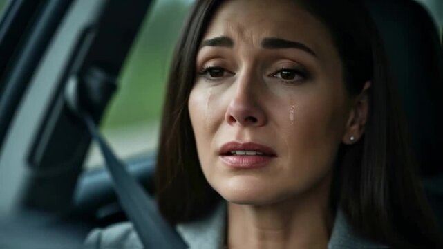 A distraught woman breaks down crying in her car, tears streaming down her face, a powerful close-up conveying deep emotional pain, grief, bad news, or a personal crisis