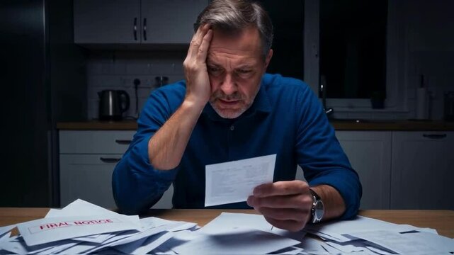 A stressed middle-aged man reviews piles of bills and final notices at his kitchen table late at night, a scene of deep financial trouble, debt, and economic anxiety