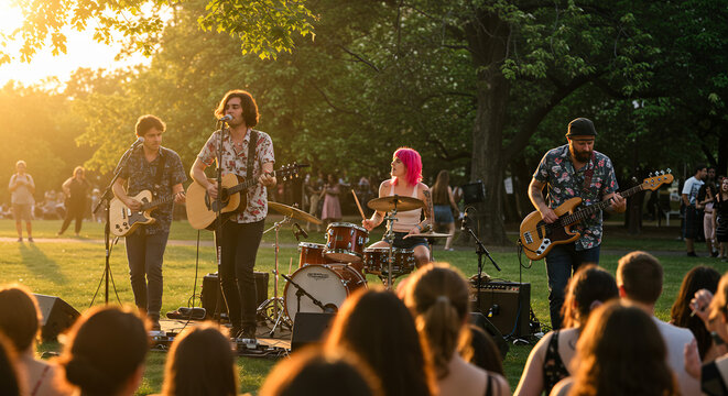 Live Band Performing at an Outdoor Blueberry Festival Concert at Sunset