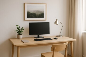 Modern workspace showing a minimalist home office setup with a computer, lamp, plant, and a framed nature photo on the wall