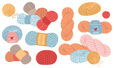 Set of multicolored, diverse knitting yarns with labels in various shapes. Collection of handmade products. Cozy atmosphere. Flat color illustration. knitting, needlework, prints products, hobbies