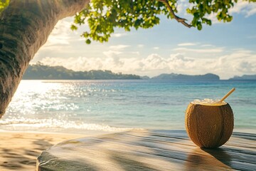 Coconut Drink on a Sunlit Table by the Sea