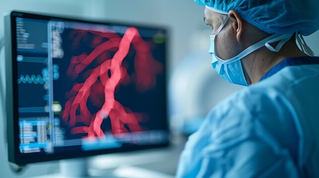Surgeon Analyzing Medical Scan of Blood Vessels on Monitor