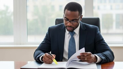 A focused african american executive in a suit carefully reviews a contract, highlighting important text at his desk, representing legal analysis and corporate attention to detail