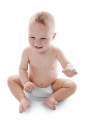 Portrait of cute little baby on white background