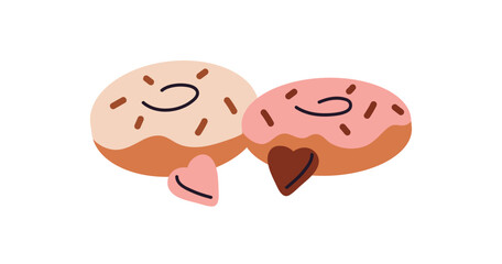 Tasty donuts with icing and chocolate sprinkles. Sweet doughnuts with frosting. Pastry ring, bakery circle with sticky topping. Dessert, confectionery. Flat isolated vector illustration on white