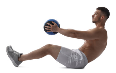Man exercising with medicine ball on white background