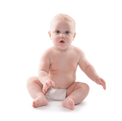 Cute little baby sitting on white background