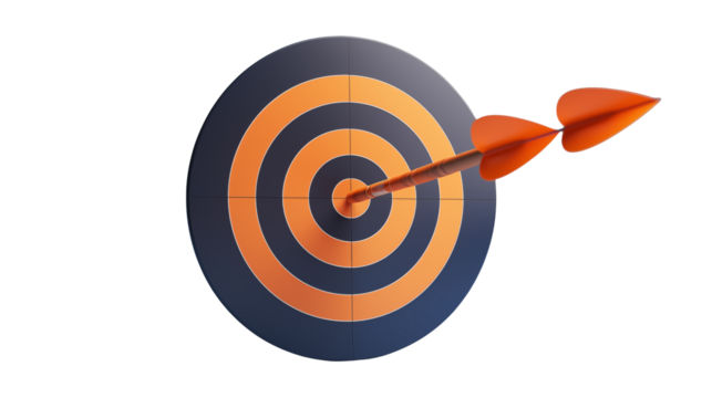 Target practice shows precision hitting the bullseye with an arrow in a concentric ringed circle isolated on transparent background