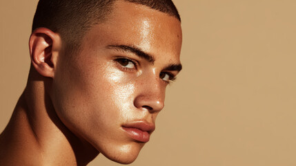 Obraz premium This striking portrait features a young man with a fresh and dewy complexion, radiating an aura of natural beauty.