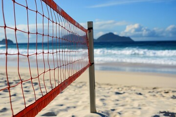Beach Volleyball Net with Ocean Waves in the Background