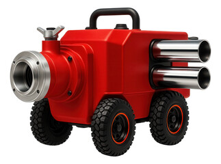 Red emergency vehicle with a visible pump intake and dual exhaust ports