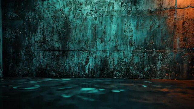 Abandoned industrial space with water pooling on the floor, dramatic lighting highlighting textures