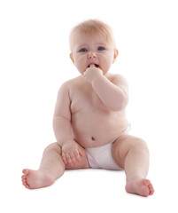 Cute little baby in diaper on white background