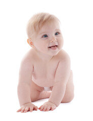 Cute little baby in diaper on white background