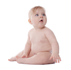Cute little baby in diaper on white background