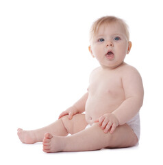 Cute little baby in diaper on white background