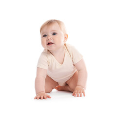 Cute little baby crawling on white background