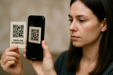 Woman scanning a QR code on her smartphone, verifying the authenticity of a product and ensuring a secure shopping experience
