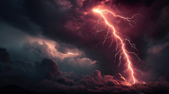 Red Lightning Strike with Dramatic Storm Clouds, and Night Sky.