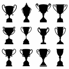 A collection of black trophy silhouettes in various shapes and styles.